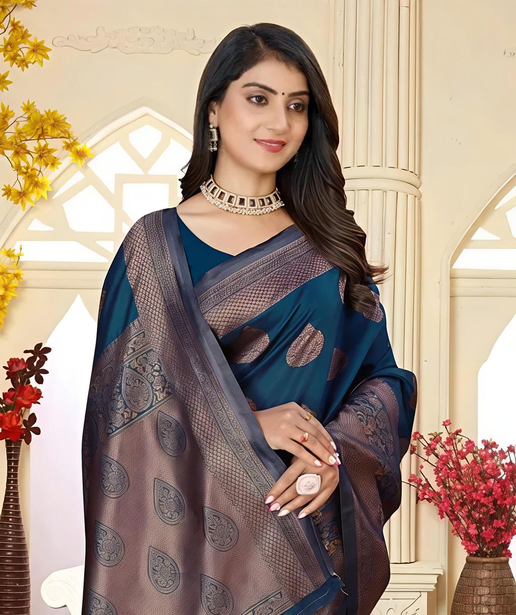 Blue Banarasi Kanjivaram Art Silk Saree For Women
